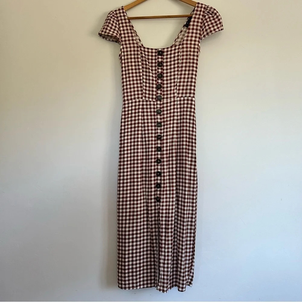 Trixxi plaid midi dress with center slit and back tie size: small